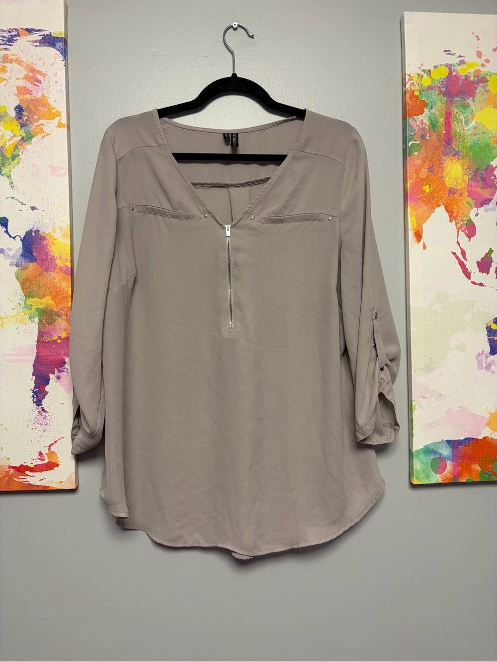 **3 for $15** Maurices Taupe Zip Front V-Neck Roll-Tab Blouse